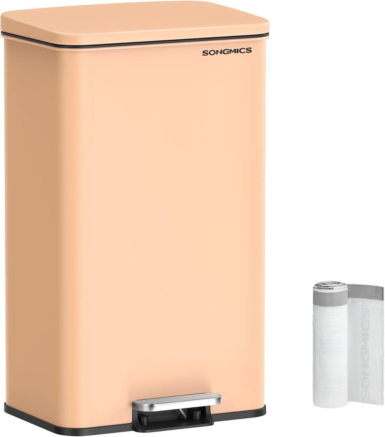 SONGMICS Kitchen Trash Can, 10.5 Gallon (40 L) Garbage Can, Large Step Trash Bin with Lid, Stainless Steel, Soft Close, 15 Trash Bags Included, White ULTB540W40