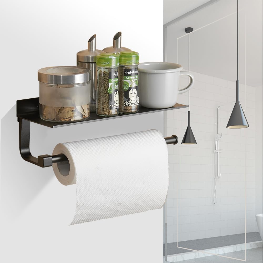 BESy Adhesive Paper Towel Holder Wall Mounted for Kitchen 13 in, Bathroom Tissue Roll Hanger with Storage Shelf, Space Aluminum, Self Adhesive with Glue or Wall Mount with Screws, Matte Black