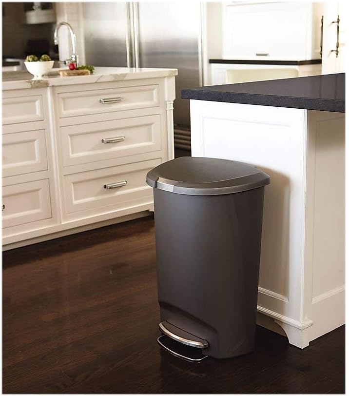 simplehuman 50 Liter / 13 Gallon Semi-Round Kitchen Step Trash Can with Secure Slide Lock, Black Plastic