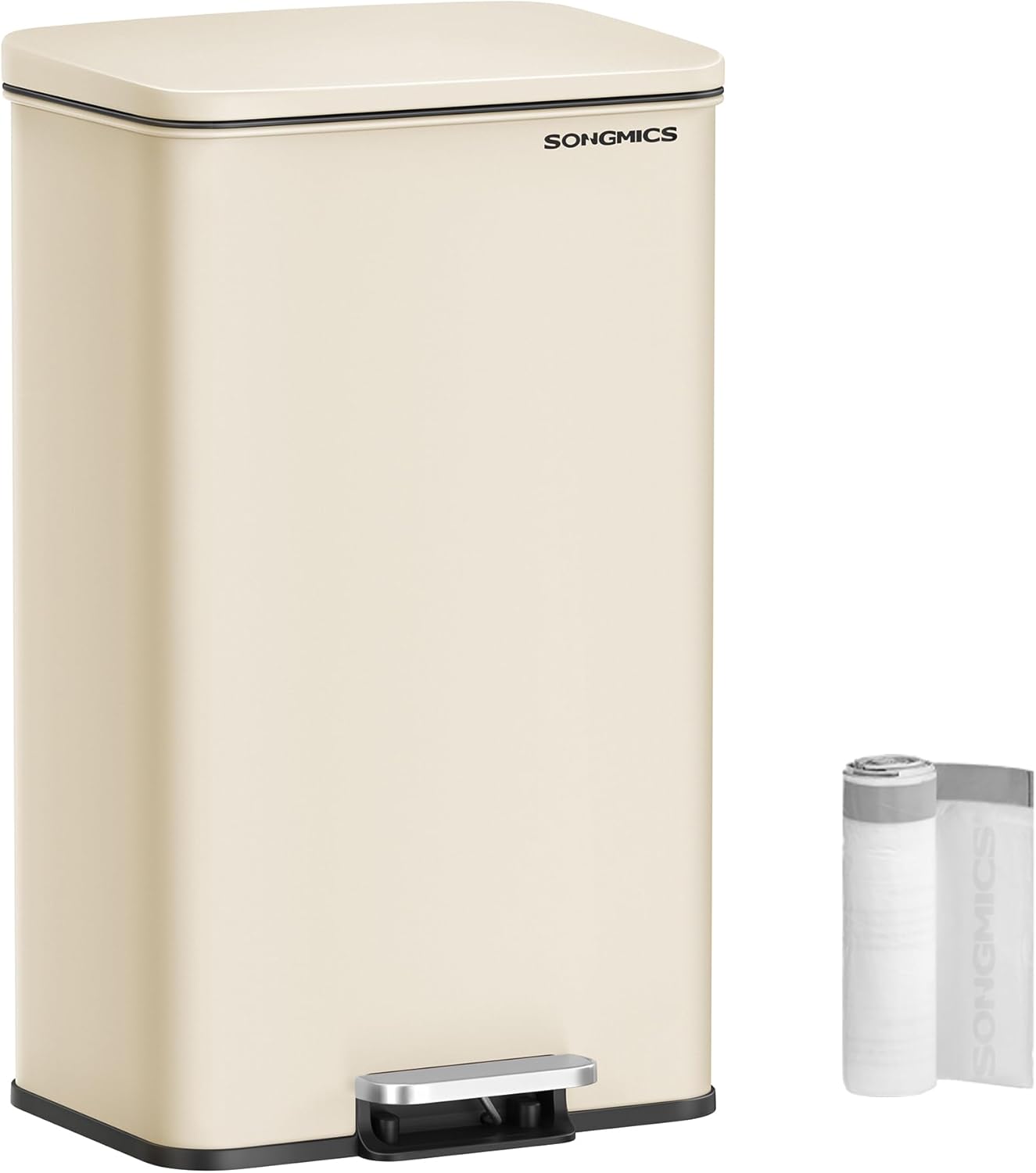 SONGMICS Kitchen Trash Can, 10.5 Gallon (40 L) Garbage Can, Large Step Trash Bin with Lid, Stainless Steel, Soft Close, 15 Trash Bags Included, White ULTB540W40