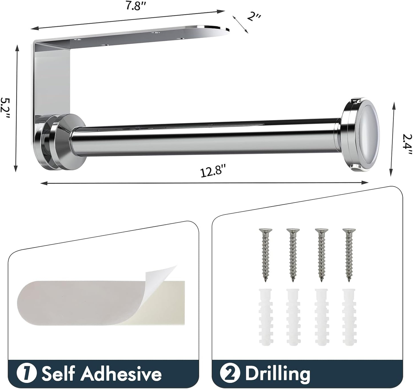 theaoo Paper Towel Holder Under Cabinet, One-Handed Tear Wall Mount Paper Towel Holder Dispenser with Damping Function for Kitchen Organization, Stainless Steel, Self-Adhesive or Drill mounting,Silver
