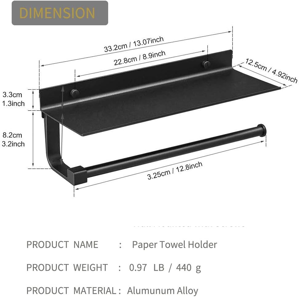 BESy Adhesive Paper Towel Holder Wall Mounted for Kitchen 13 in, Bathroom Tissue Roll Hanger with Storage Shelf, Space Aluminum, Self Adhesive with Glue or Wall Mount with Screws, Matte Black