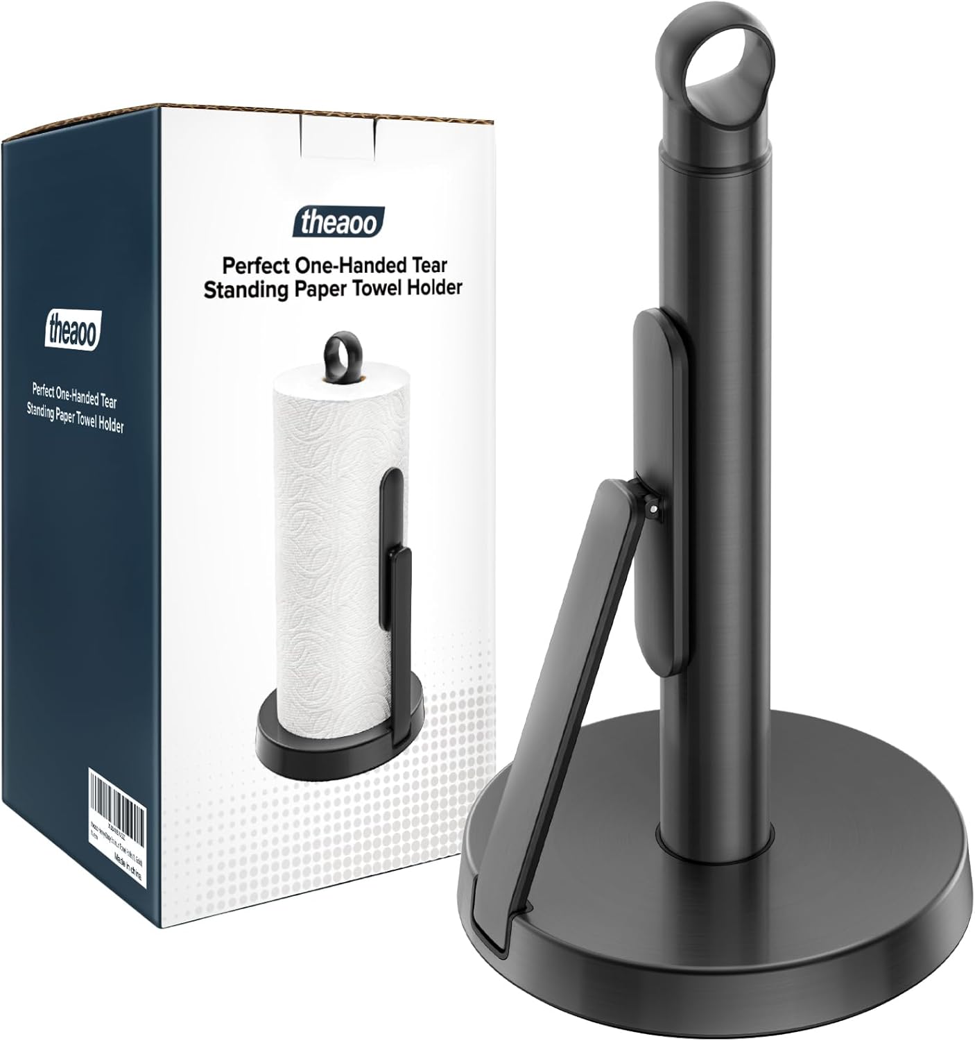 theaoo Heavy-Duty Stainless Steel Paper Towel Holder with Tension Arm – Easy One-Handed Tear, Modern Standing Countertop Dispenser for Kitchen, Holds All Paper Towel Rolls (1, Silver)