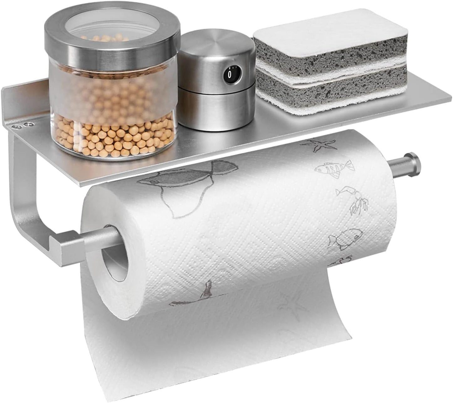 BESy Adhesive Paper Towel Holder Wall Mounted for Kitchen 13 in, Bathroom Tissue Roll Hanger with Storage Shelf, Space Aluminum, Self Adhesive with Glue or Wall Mount with Screws, Matte Black
