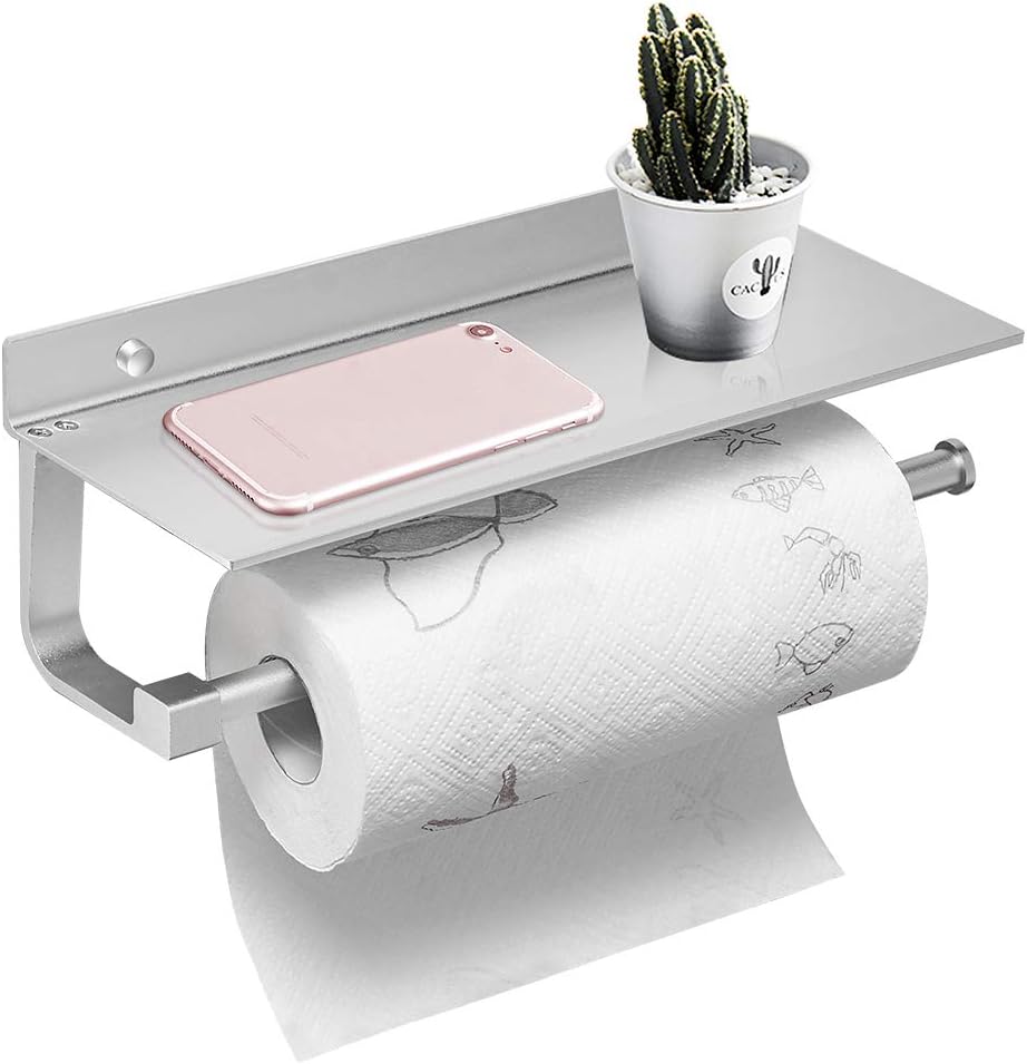 BESy Adhesive Paper Towel Holder Wall Mounted for Kitchen 13 in, Bathroom Tissue Roll Hanger with Storage Shelf, Space Aluminum, Self Adhesive with Glue or Wall Mount with Screws, Matte Black