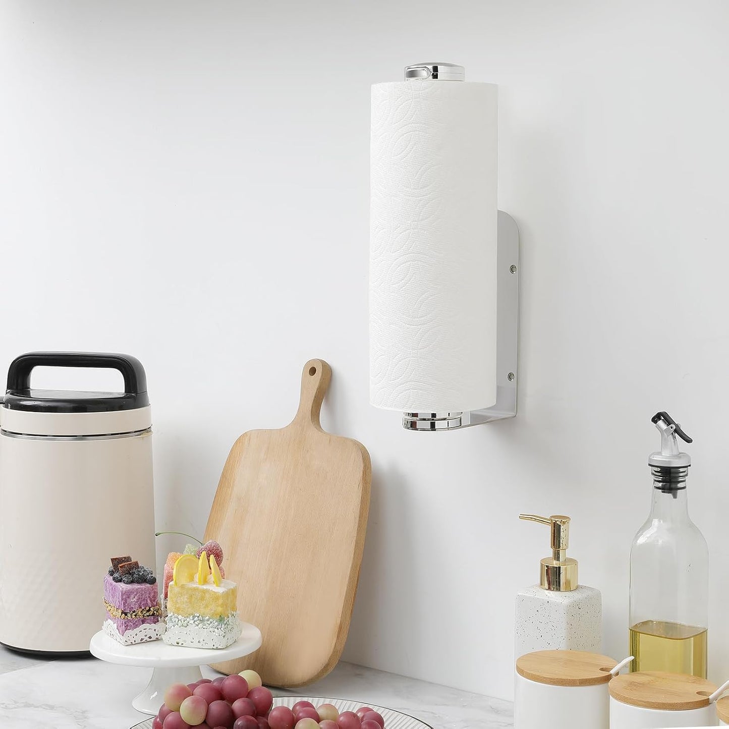 theaoo Paper Towel Holder Under Cabinet, One-Handed Tear Wall Mount Paper Towel Holder Dispenser with Damping Function for Kitchen Organization, Stainless Steel, Self-Adhesive or Drill mounting,Silver