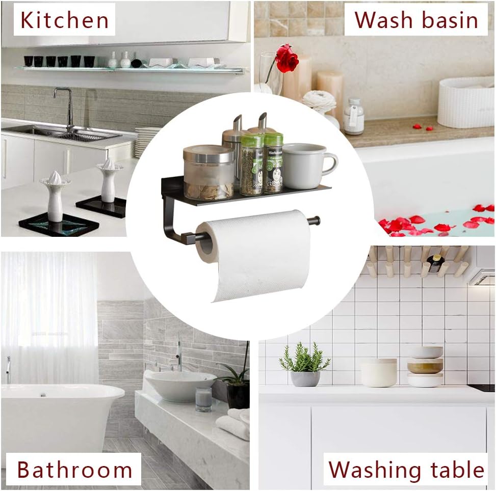 BESy Adhesive Paper Towel Holder Wall Mounted for Kitchen 13 in, Bathroom Tissue Roll Hanger with Storage Shelf, Space Aluminum, Self Adhesive with Glue or Wall Mount with Screws, Matte Black