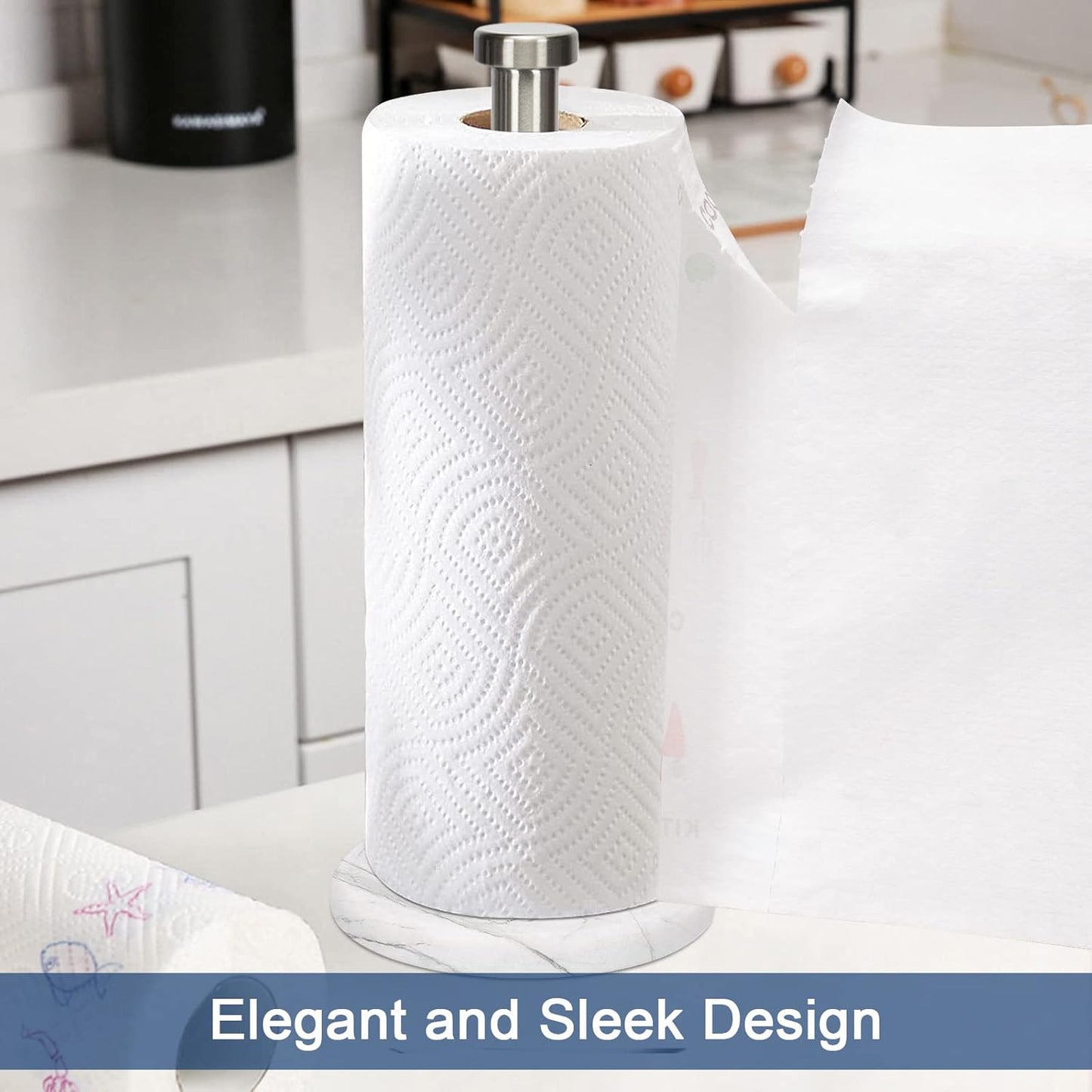 NearMoon Standing Paper Towel Holder, Kitchen Paper Towel Tissue Holder- for Bathroom Kitchen Countertop, Standard or Jumbo-Sized Roll Paper (with Marble Base, Brushed Nickel)