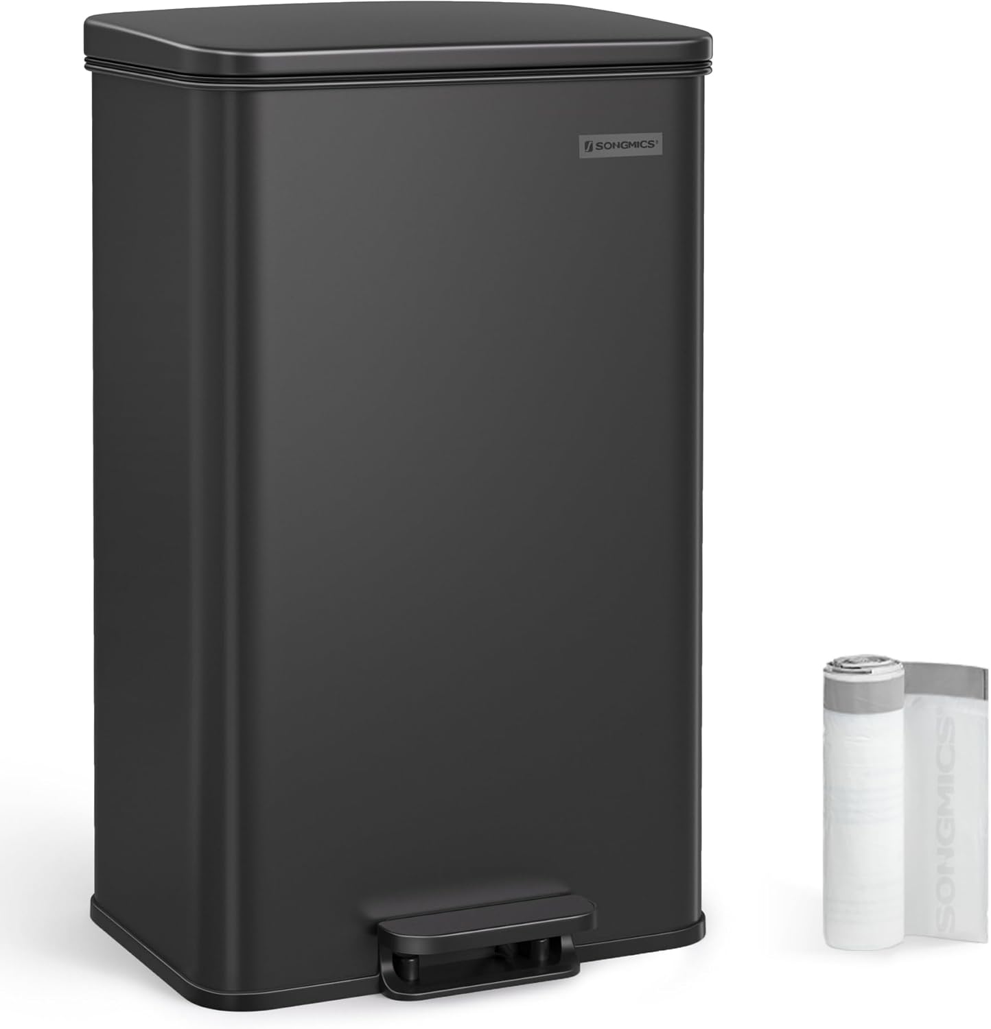 SONGMICS Kitchen Trash Can, 10.5 Gallon (40 L) Garbage Can, Large Step Trash Bin with Lid, Stainless Steel, Soft Close, 15 Trash Bags Included, White ULTB540W40