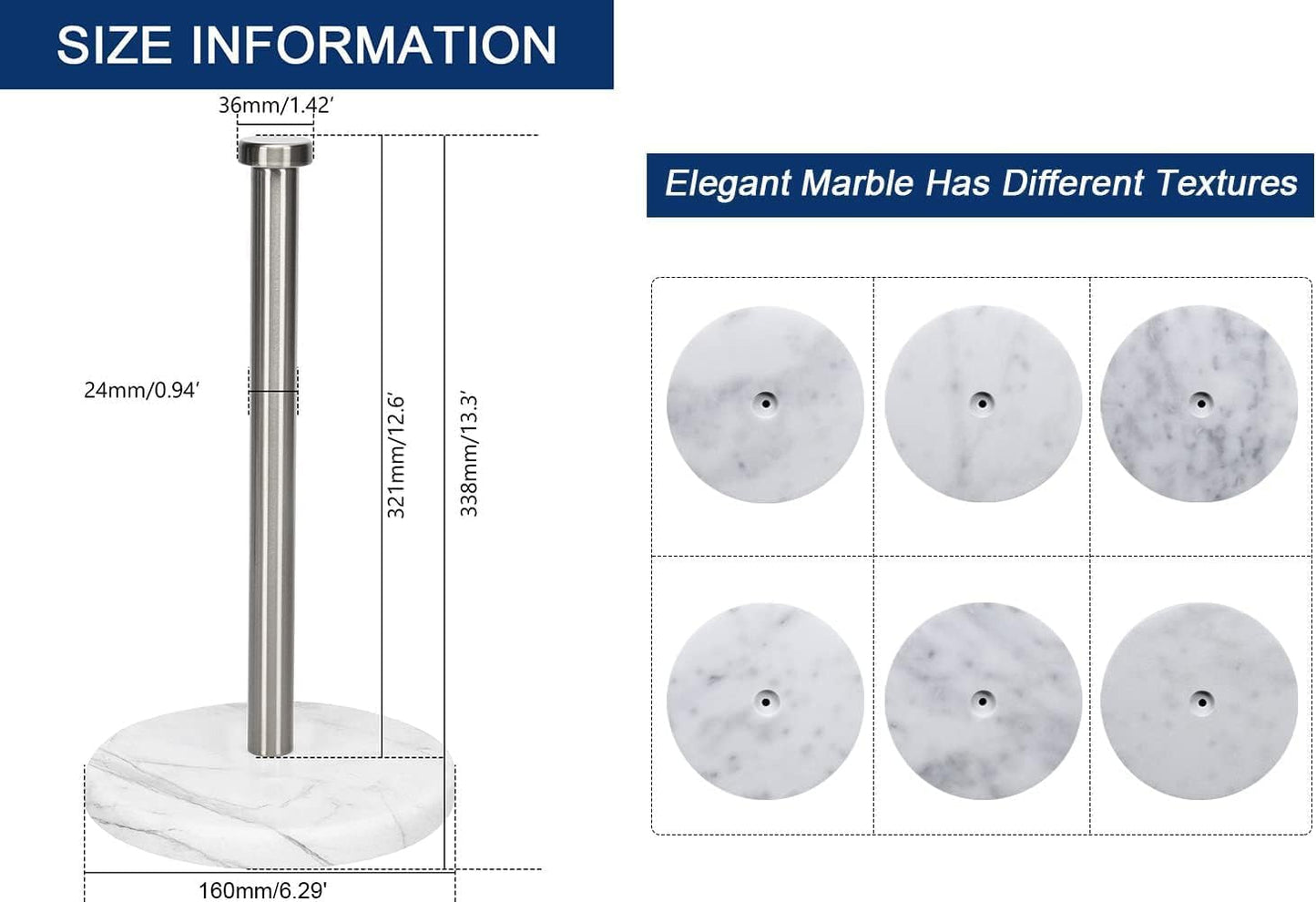 NearMoon Standing Paper Towel Holder, Kitchen Paper Towel Tissue Holder- for Bathroom Kitchen Countertop, Standard or Jumbo-Sized Roll Paper (with Marble Base, Brushed Nickel)