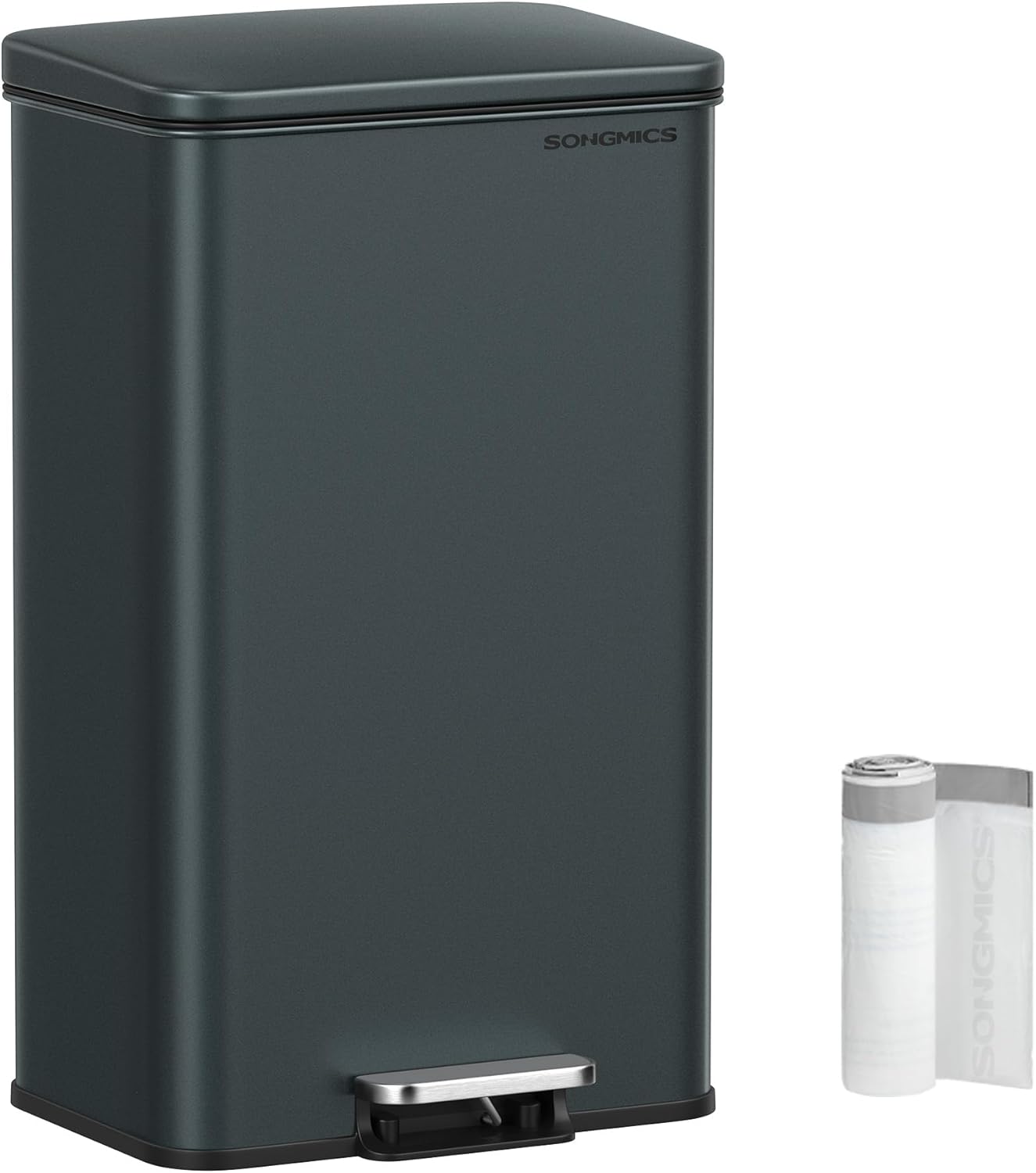 SONGMICS Kitchen Trash Can, 10.5 Gallon (40 L) Garbage Can, Large Step Trash Bin with Lid, Stainless Steel, Soft Close, 15 Trash Bags Included, White ULTB540W40