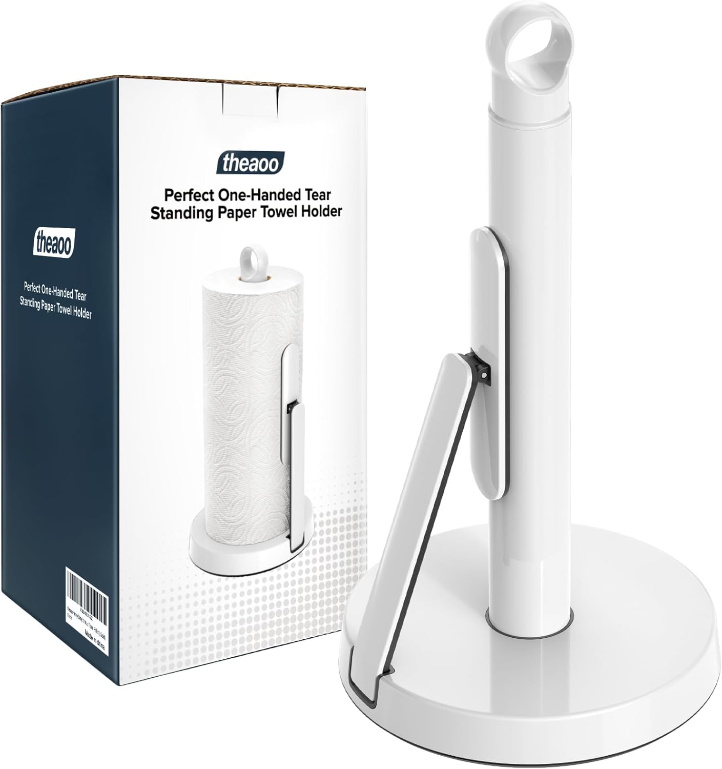 theaoo Heavy-Duty Stainless Steel Paper Towel Holder with Tension Arm – Easy One-Handed Tear, Modern Standing Countertop Dispenser for Kitchen, Holds All Paper Towel Rolls (1, Silver)
