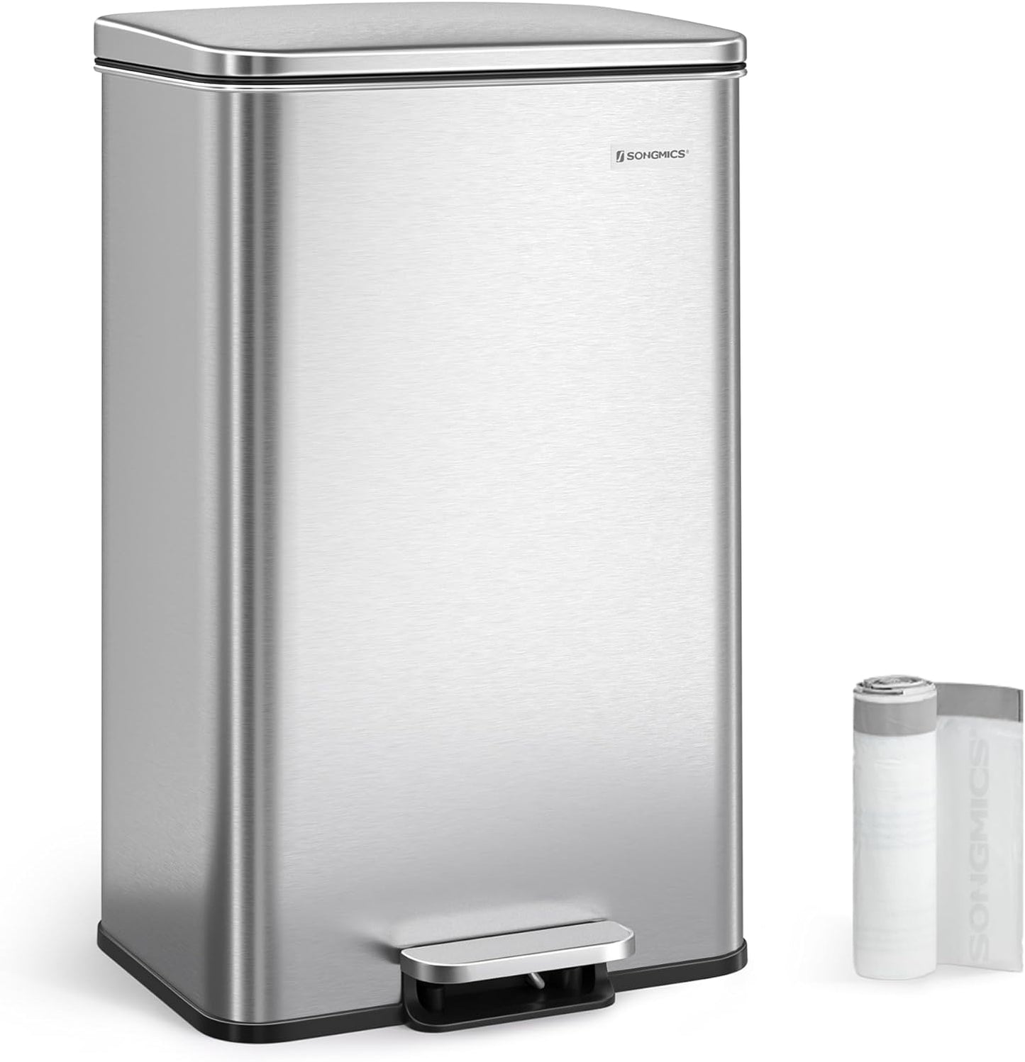 SONGMICS Kitchen Trash Can, 10.5 Gallon (40 L) Garbage Can, Large Step Trash Bin with Lid, Stainless Steel, Soft Close, 15 Trash Bags Included, White ULTB540W40