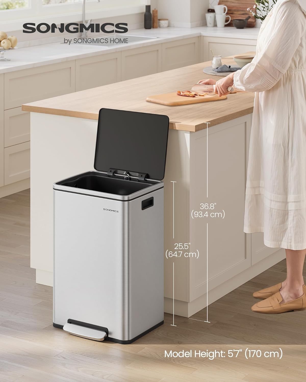 SONGMICS Trash Can, 13-Gallon Gabbage Can, with 15 Trash Bags, Stainless Steel, with Soft-Close Lid, Removable Inner Bucket, Handles, Silver ULTB595E01