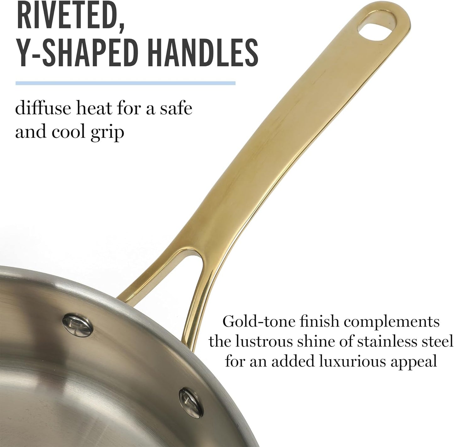 Martha Stewart Castelle 10 Piece Stainless Steel Induction Safe Pots and Pans Non-Toxic Kitchen Cookware Set - Gold Handles