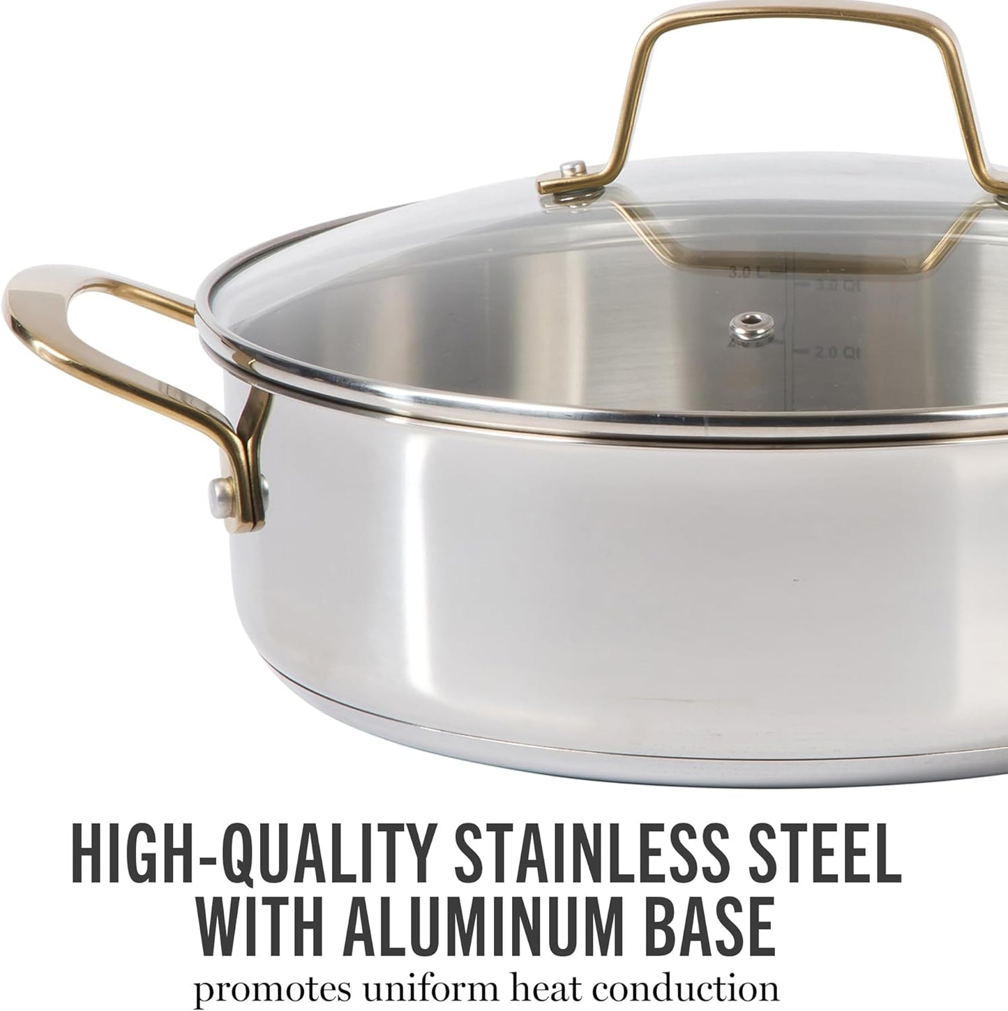 Martha Stewart Castelle 10 Piece Stainless Steel Induction Safe Pots and Pans Non-Toxic Kitchen Cookware Set - Gold Handles