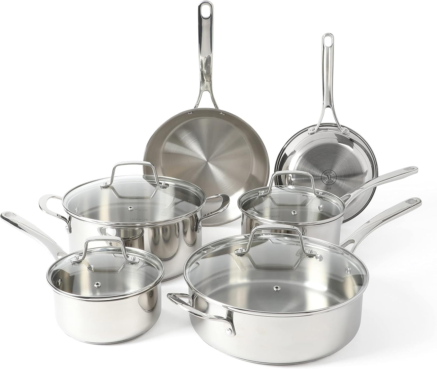 Martha Stewart Castelle 10 Piece Stainless Steel Induction Safe Pots and Pans Non-Toxic Kitchen Cookware Set - Gold Handles