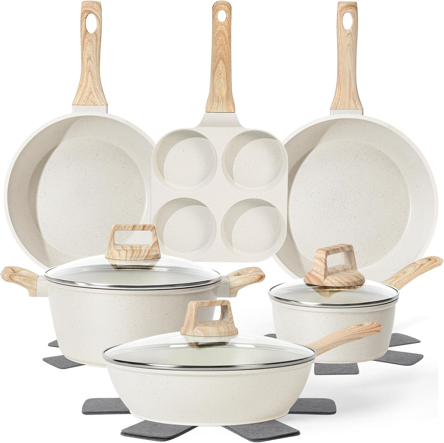12 Pcs Pots and Pans Set Non Stick, Cookware Sets White Granite Induction Cookware, Non-toxic Healthy Nonstick Kitchen Cooking Set with Frying Pans Set, Saucepans (PFAS/PFOA/PFOS Free)