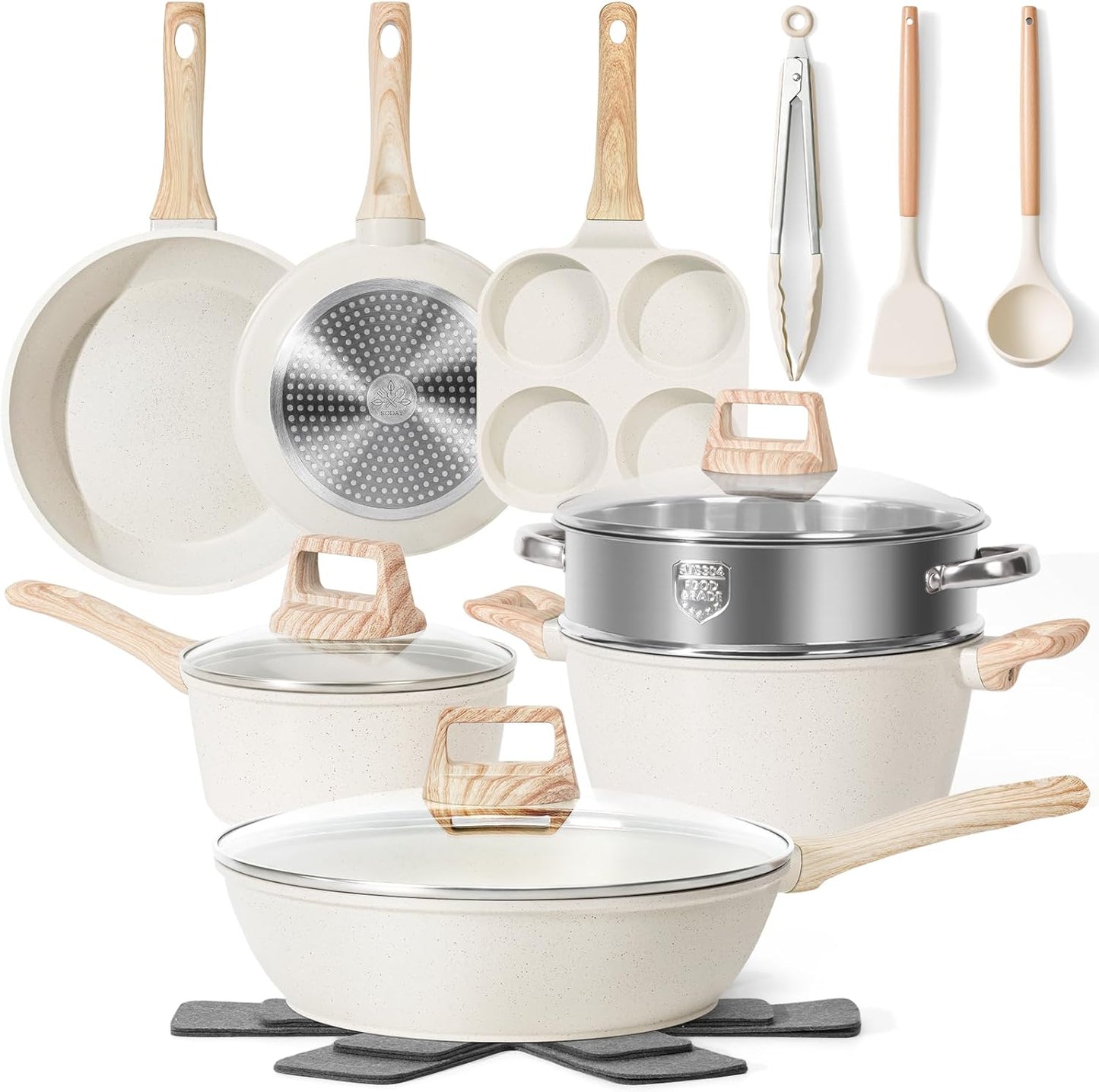 12 Pcs Pots and Pans Set Non Stick, Cookware Sets White Granite Induction Cookware, Non-toxic Healthy Nonstick Kitchen Cooking Set with Frying Pans Set, Saucepans (PFAS/PFOA/PFOS Free)