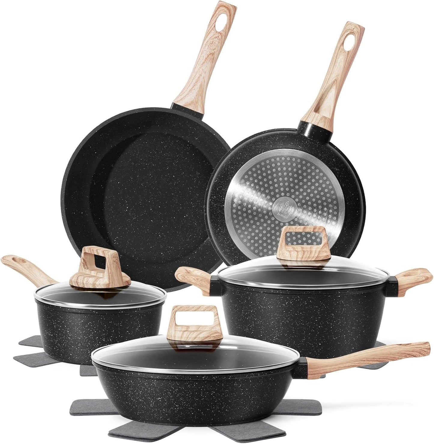 12 Pcs Pots and Pans Set Non Stick, Cookware Sets White Granite Induction Cookware, Non-toxic Healthy Nonstick Kitchen Cooking Set with Frying Pans Set, Saucepans (PFAS/PFOA/PFOS Free)