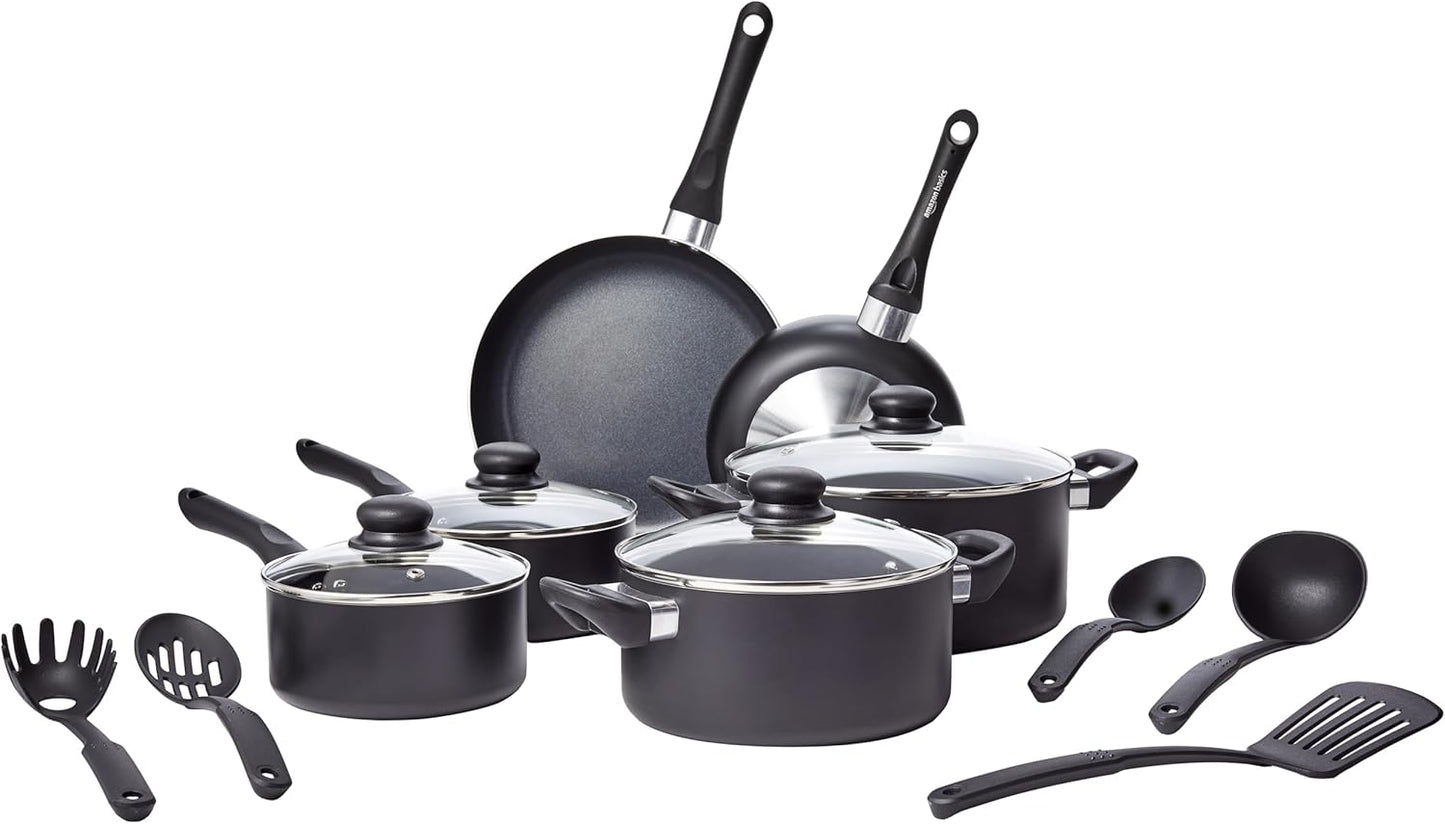 Amazon Basics Non Stick Kitchen Cookware 8-Piece Set, Non-Induction, Includes Pots and Pans, Black