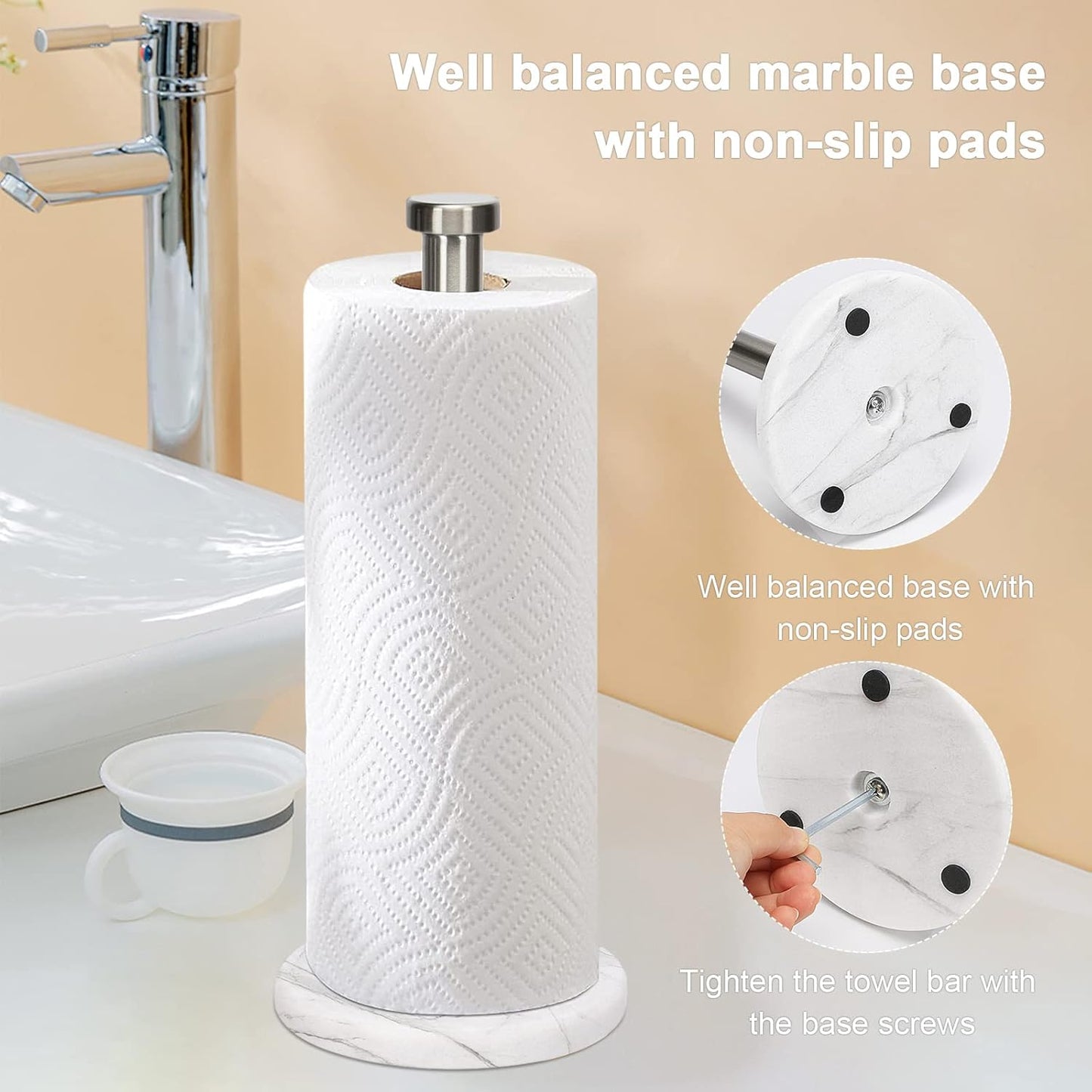 NearMoon Standing Paper Towel Holder, Kitchen Paper Towel Tissue Holder- for Bathroom Kitchen Countertop, Standard or Jumbo-Sized Roll Paper (with Marble Base, Brushed Nickel)
