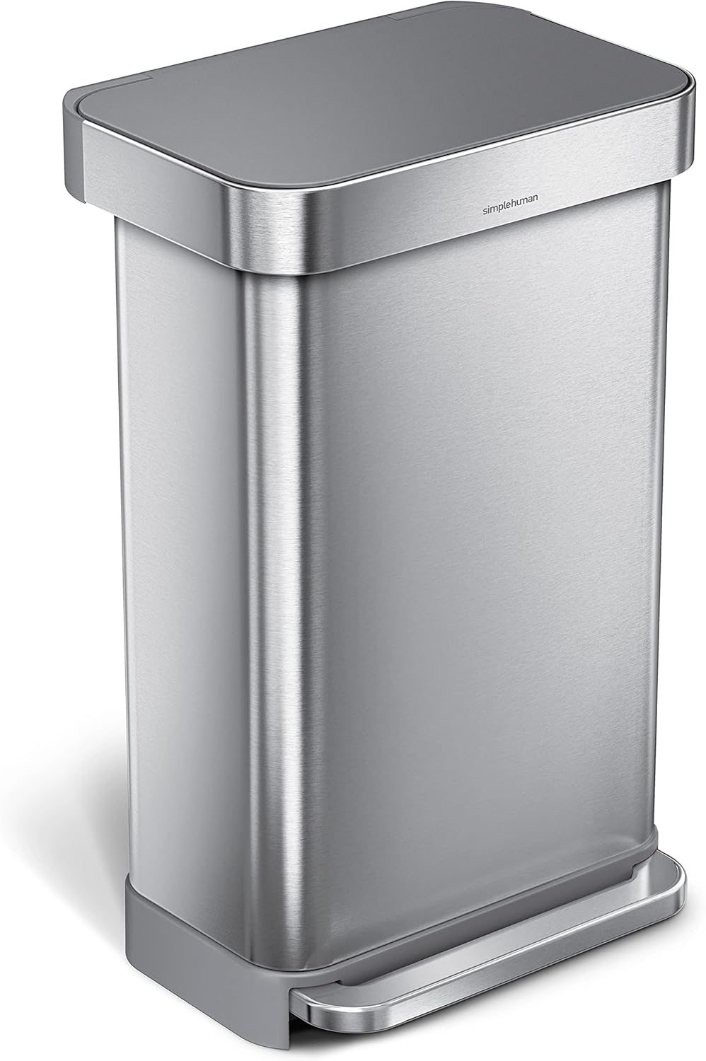 simplehuman 45 Liter / 12 Gallon Liter Rectangular Hands-Free Kitchen Step Trash Can with Soft-Close Lid, Brushed Stainless Steel with Plastic Lid