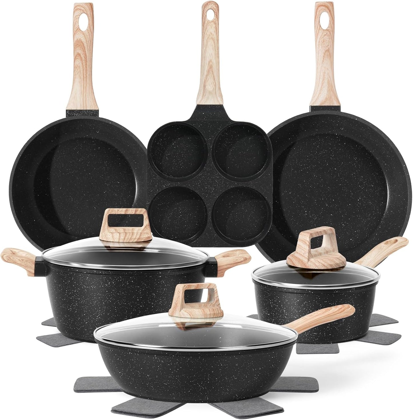 12 Pcs Pots and Pans Set Non Stick, Cookware Sets White Granite Induction Cookware, Non-toxic Healthy Nonstick Kitchen Cooking Set with Frying Pans Set, Saucepans (PFAS/PFOA/PFOS Free)