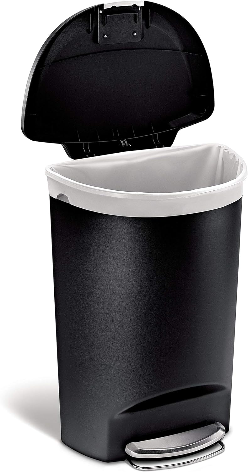 simplehuman 50 Liter / 13 Gallon Semi-Round Kitchen Step Trash Can with Secure Slide Lock, Black Plastic