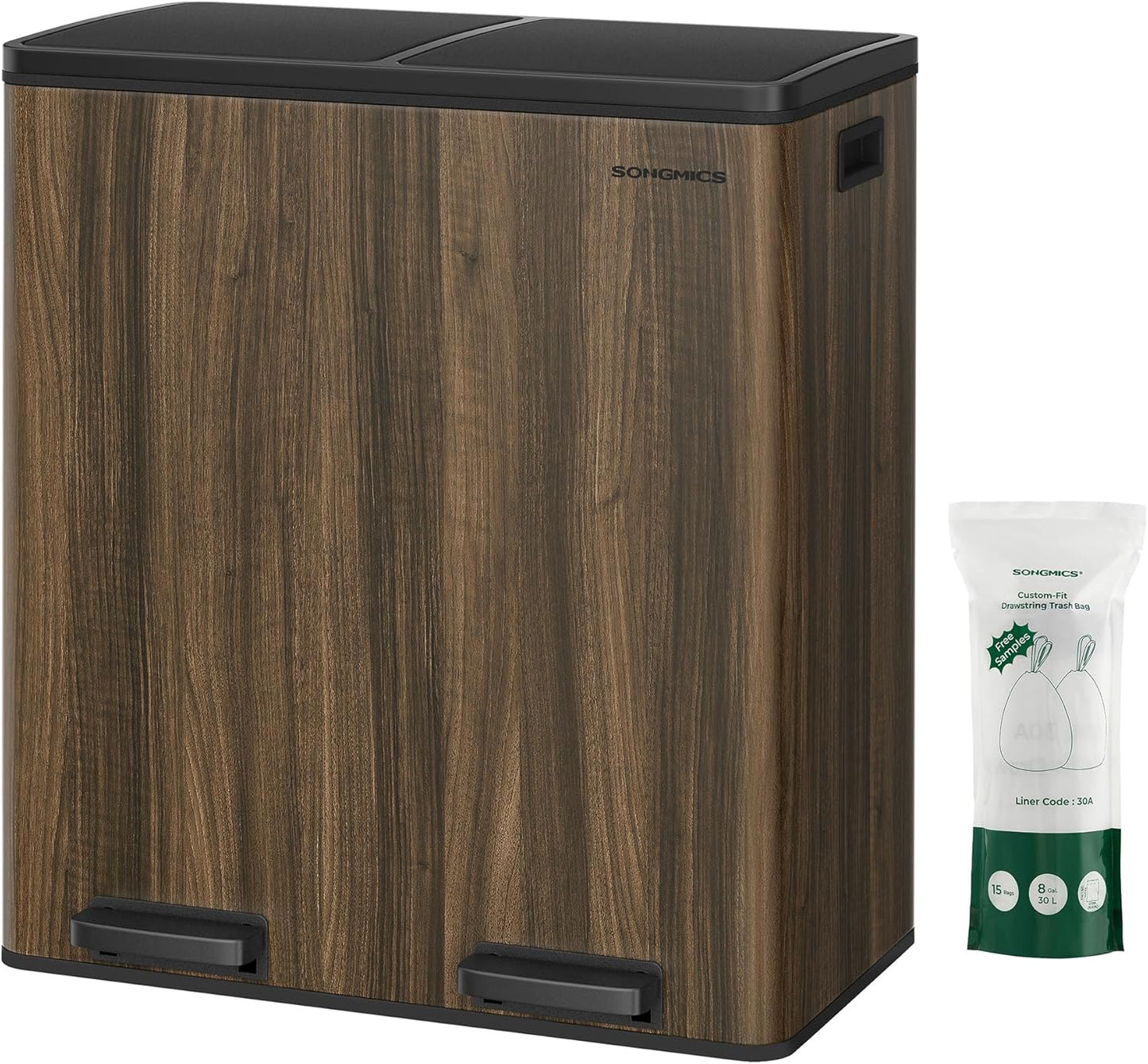 SONGMICS Trash Can, 2 x 8 Gallon (2 x 30 L) Garbage Can for Kitchen, with 15 Trash Bags, 2 Compartments, Plastic Inner Buckets and Hinged Lids, Airtight, Silver and Black ULTB60NL