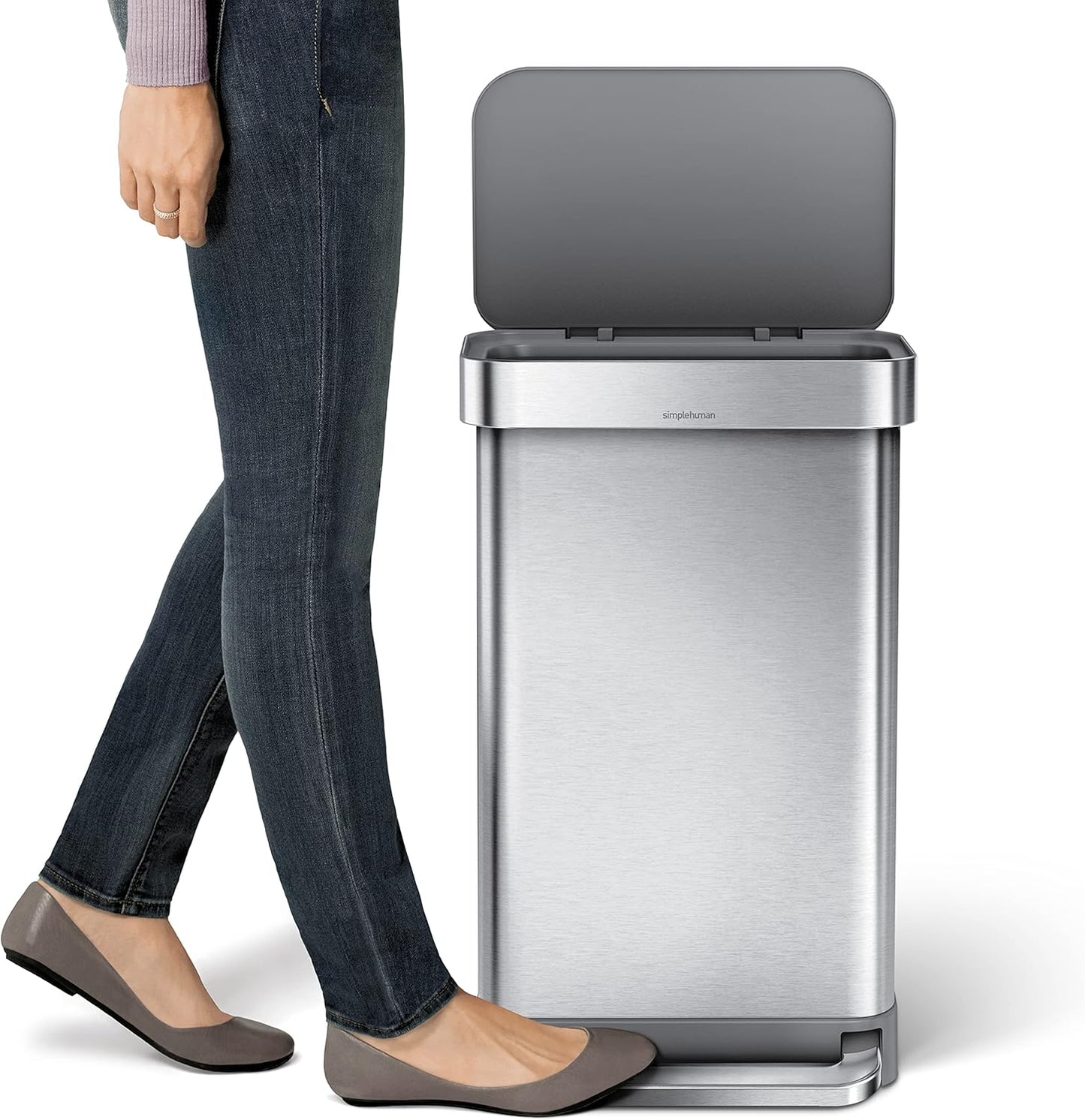simplehuman 45 Liter / 12 Gallon Liter Rectangular Hands-Free Kitchen Step Trash Can with Soft-Close Lid, Brushed Stainless Steel with Plastic Lid