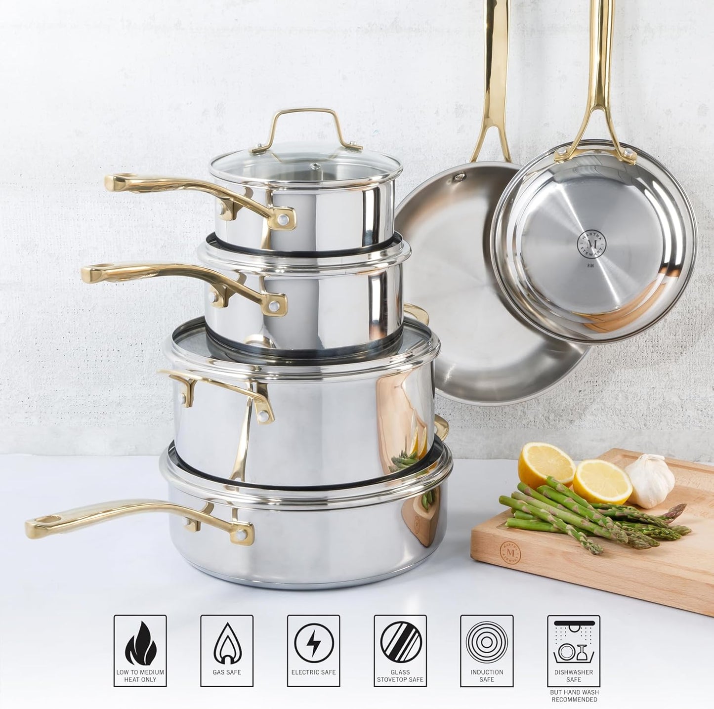 Martha Stewart Castelle 10 Piece Stainless Steel Induction Safe Pots and Pans Non-Toxic Kitchen Cookware Set - Gold Handles