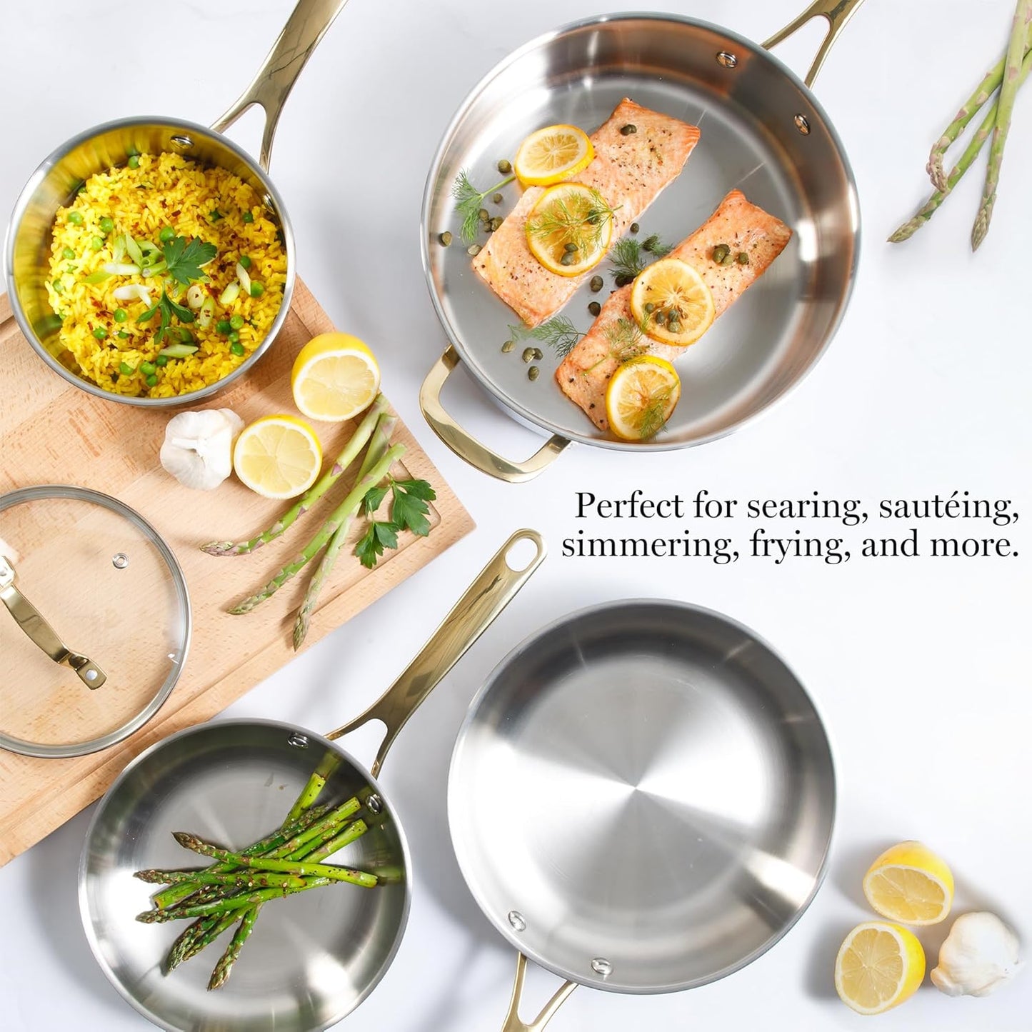 Martha Stewart Castelle 10 Piece Stainless Steel Induction Safe Pots and Pans Non-Toxic Kitchen Cookware Set - Gold Handles