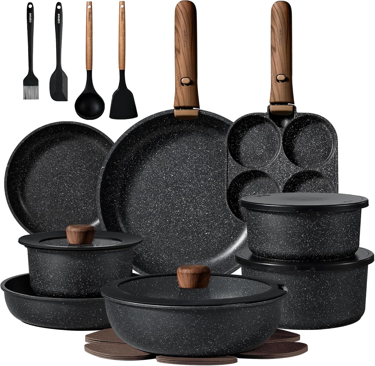 CAROTE 17pcs Pots and Pans Non Stick, Cookware Sets Detachable Handle, Induction Kitchen Pots and Pans,NonStick Cooking Set, Oven/Dishwasher/Fridge Safe, Space Saving