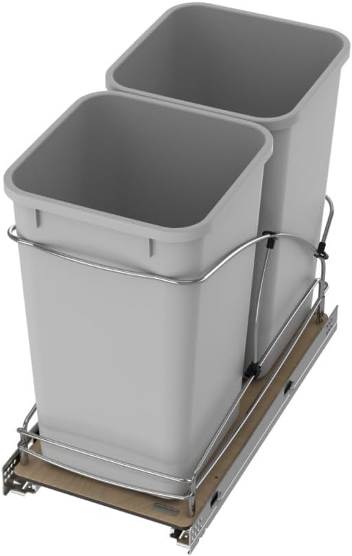 Rev-A-Shelf Steel Bottom Mount Double 35 Quart 8.75 Gallon Waste Bin Trash Container for Under Kitchen Cabinet with Soft Close, Gray, 54WC-1835SC-17-1