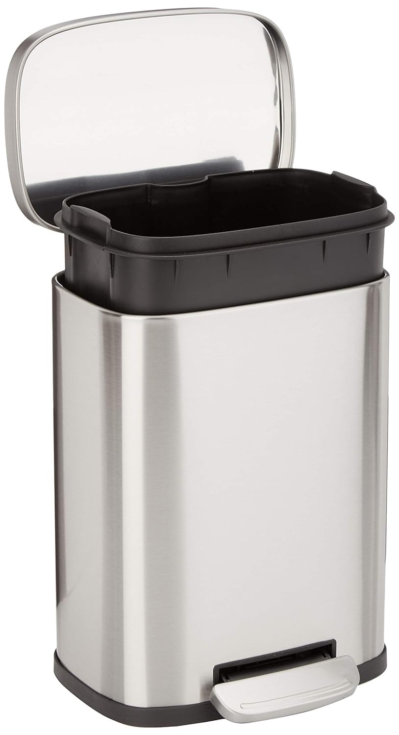 Amazon Basics Smudge Resistant Small Rectangular Trash Can With Soft-Close Foot Pedal, Brushed Stainless Steel, 12 Liter/3.1 Gallon, Satin Nickel Finish, 11.3"L x 9.9"W x 15.1"H