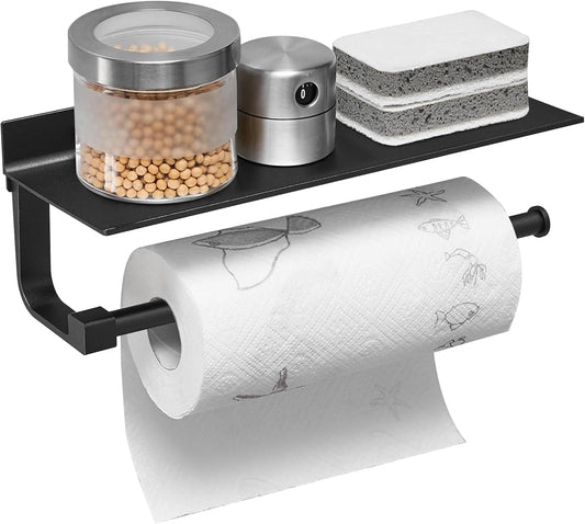 BESy Adhesive Paper Towel Holder Wall Mounted for Kitchen 13 in, Bathroom Tissue Roll Hanger with Storage Shelf, Space Aluminum, Self Adhesive with Glue or Wall Mount with Screws, Matte Black