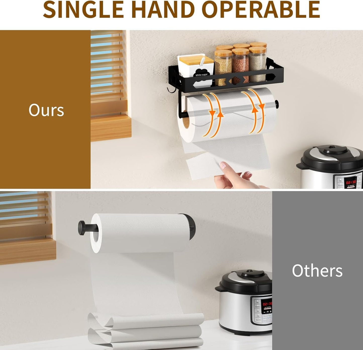 Paper Towel Holder Wall Mount for Kitchen, Easy One-handed Operation Design, Self Adhesive Paper Towel Holder with Shelf for Bathroom, RV Paper Towel Rack Paper Roll Holder with 2 Hooks, Black