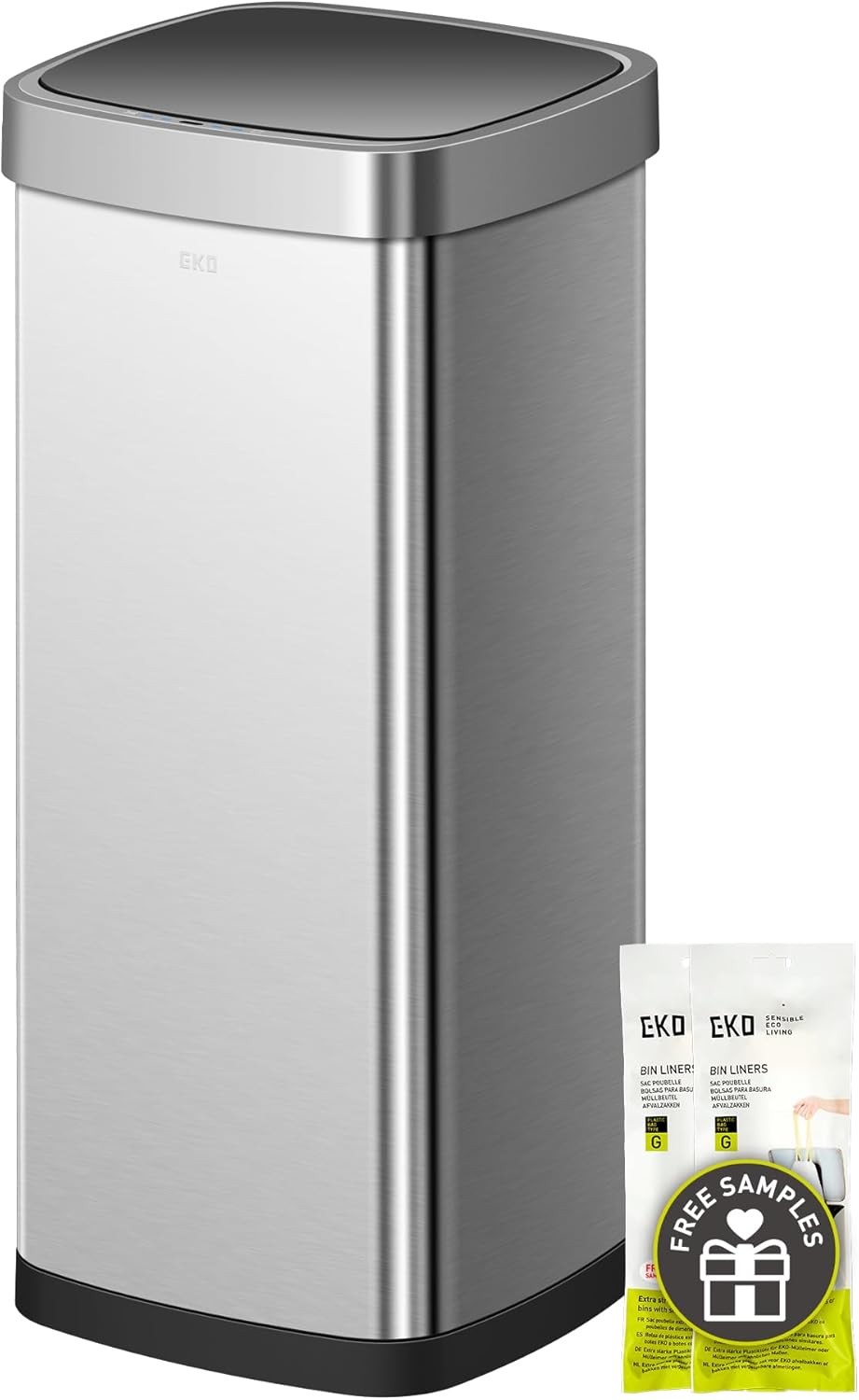 EKO Mirage-T 50 Liter / 13.2 Gallon Touchless Rectangular Motion Sensor Trash Can, Brushed Stainless Steel Finish (Matte Black)