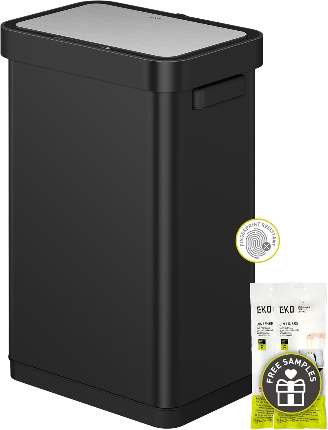 EKO Mirage-T 50 Liter / 13.2 Gallon Touchless Rectangular Motion Sensor Trash Can, Brushed Stainless Steel Finish (Matte Black)