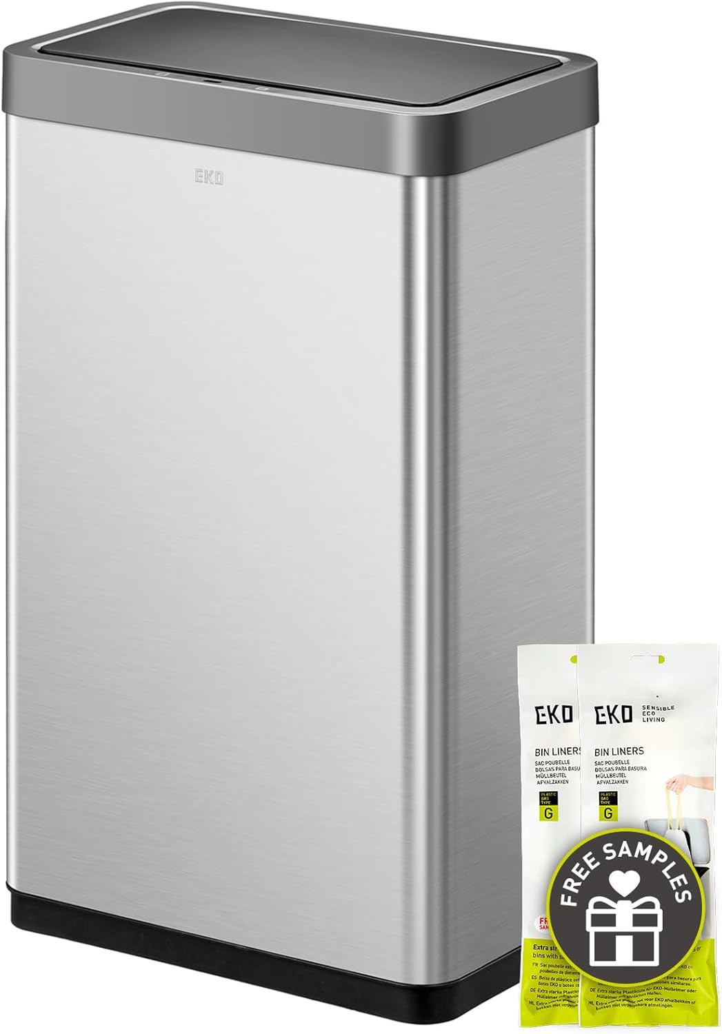 EKO Mirage-T 50 Liter / 13.2 Gallon Touchless Rectangular Motion Sensor Trash Can, Brushed Stainless Steel Finish (Matte Black)
