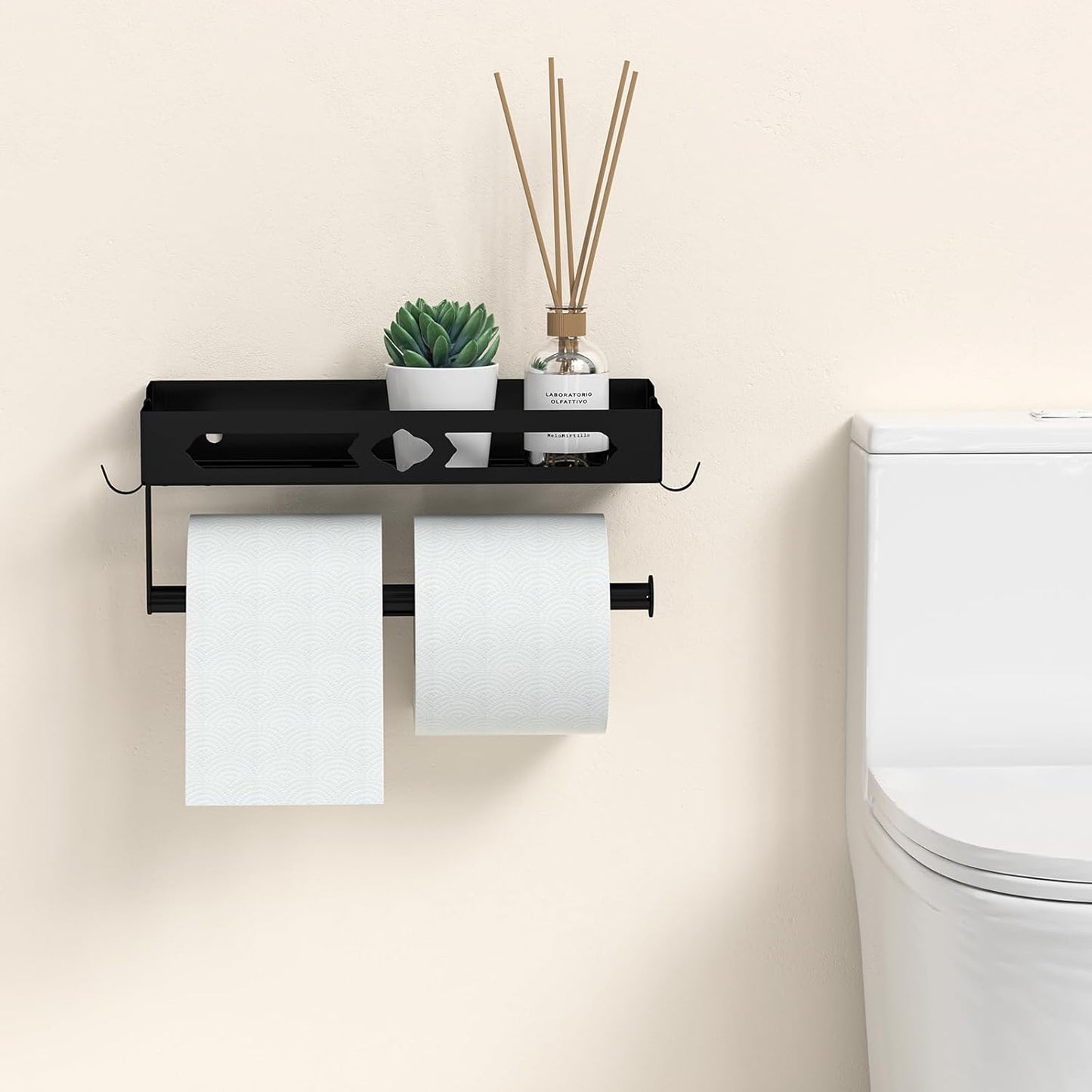 Paper Towel Holder Wall Mount for Kitchen, Easy One-handed Operation Design, Self Adhesive Paper Towel Holder with Shelf for Bathroom, RV Paper Towel Rack Paper Roll Holder with 2 Hooks, Black