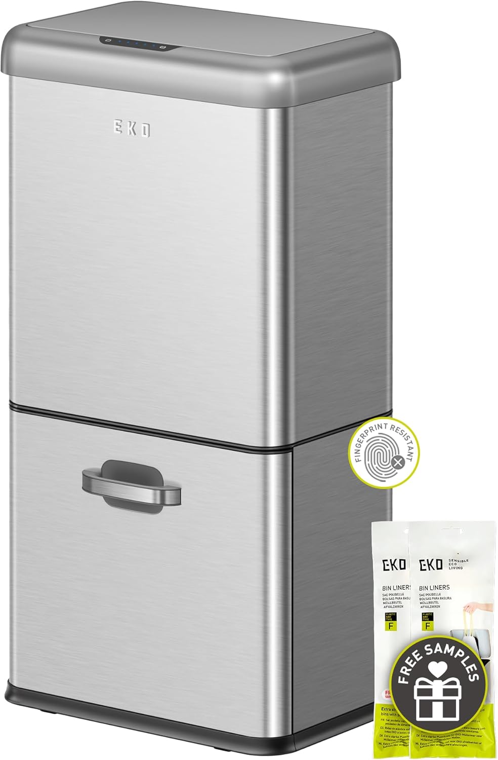 EKO Mirage-T 50 Liter / 13.2 Gallon Touchless Rectangular Motion Sensor Trash Can, Brushed Stainless Steel Finish (Matte Black)