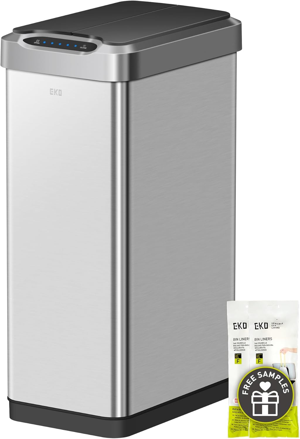 EKO Mirage-T 50 Liter / 13.2 Gallon Touchless Rectangular Motion Sensor Trash Can, Brushed Stainless Steel Finish (Matte Black)