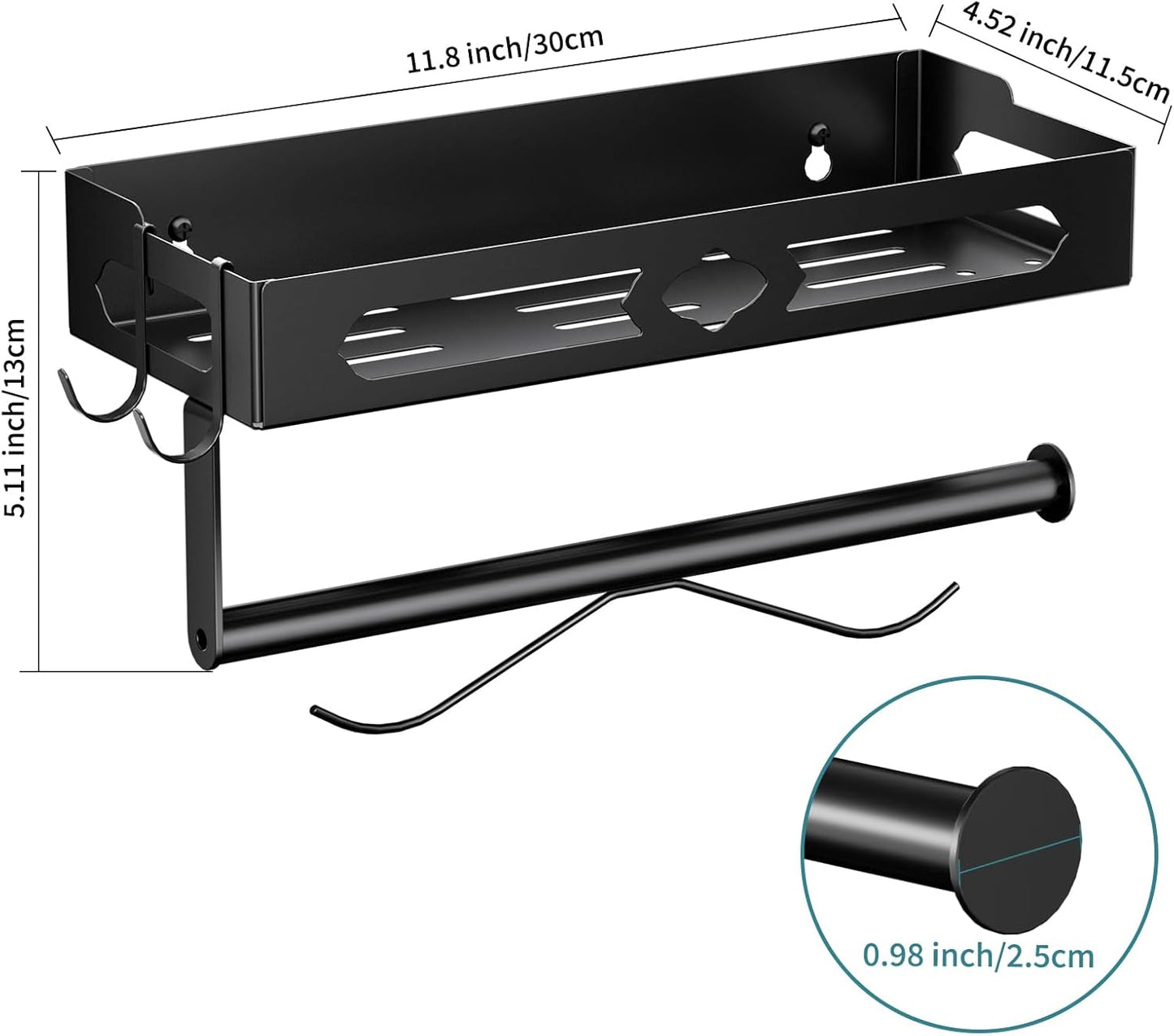 Paper Towel Holder with Shelf for Bathroom, Kitchen Paper Holder Spice Rack Paper Towel Roll Holder Wall Mounted Paper Towel Holder with 2 Hooks(2 Installation Methods - Self-Adhesive and Drilling)