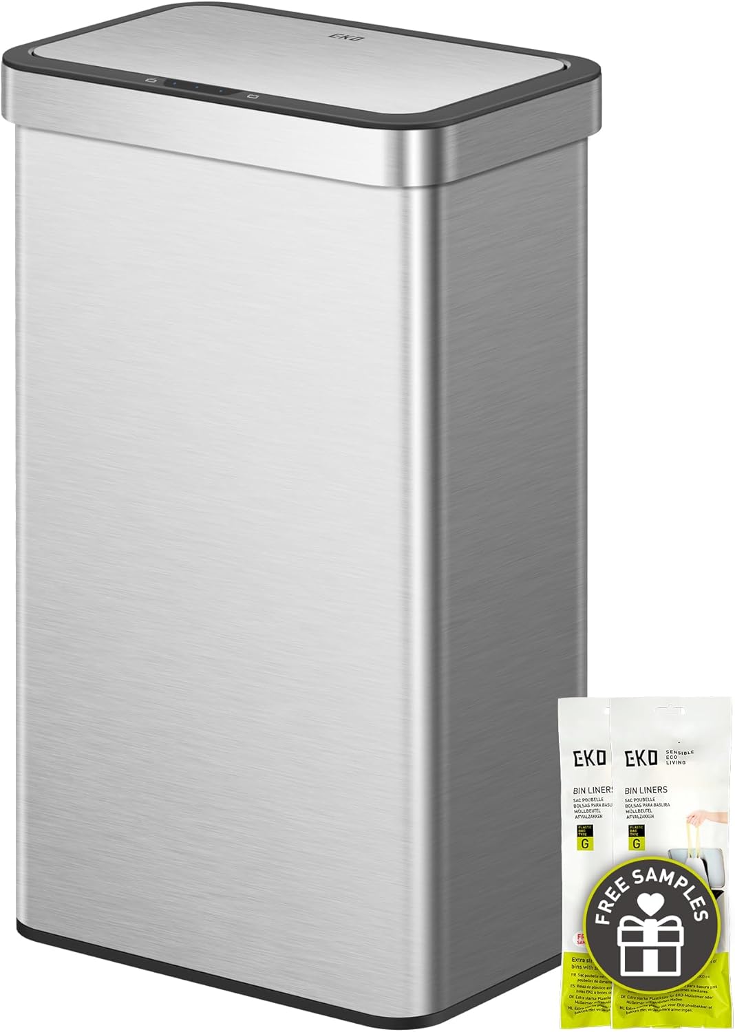 EKO Mirage-T 50 Liter / 13.2 Gallon Touchless Rectangular Motion Sensor Trash Can, Brushed Stainless Steel Finish (Matte Black)