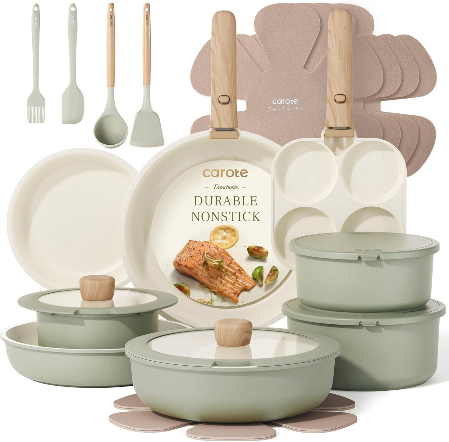 CAROTE Pots and Pans Set, Nonstick Cookware Set Detachable Handle, 15pcs Induction Kitchen Cookware Sets Non Stick with Removable Handle, RV Cookware Set, Oven Safe, Sage Green