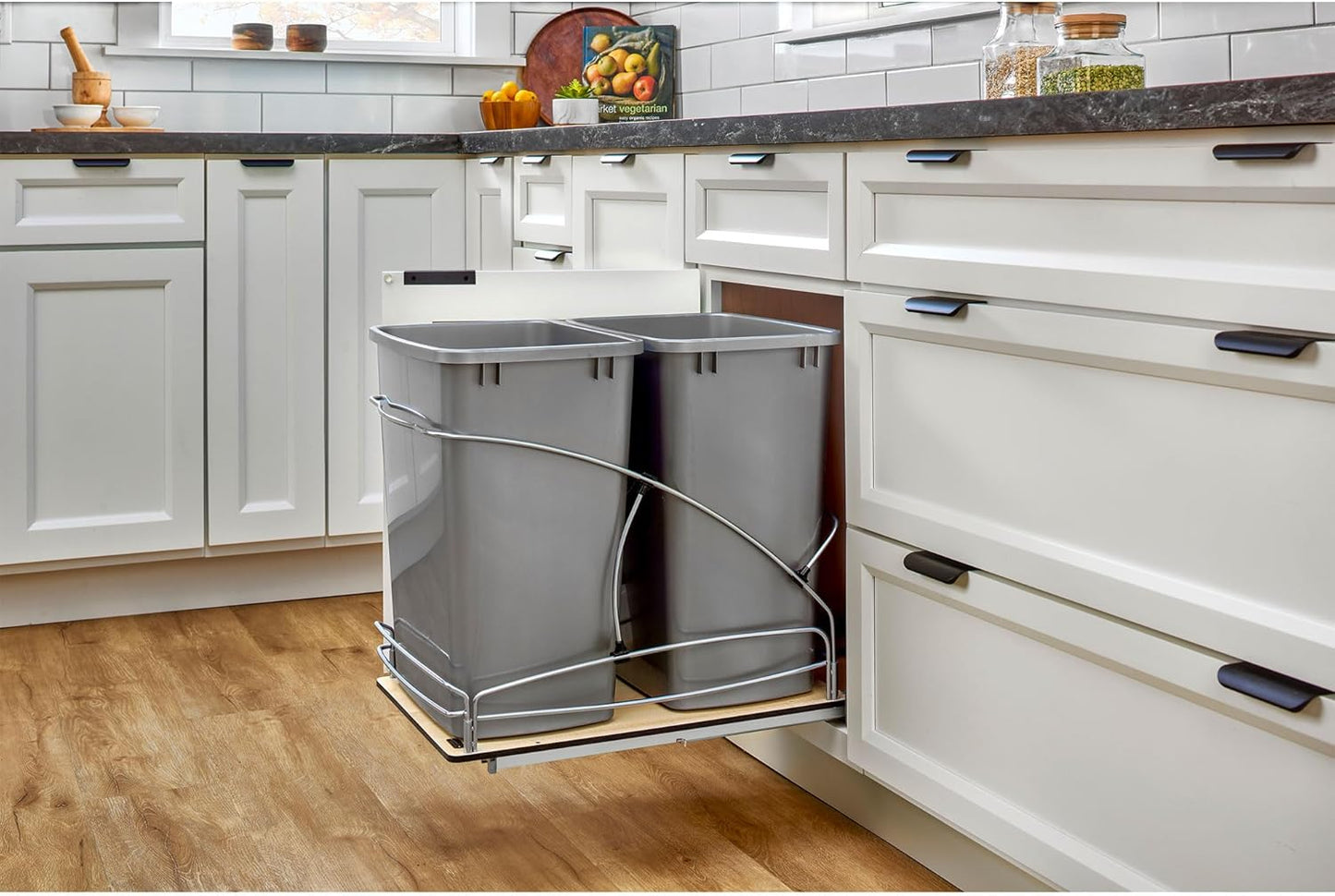 Rev-A-Shelf Steel Bottom Mount Double 35 Quart 8.75 Gallon Waste Bin Trash Container for Under Kitchen Cabinet with Soft Close, Gray, 54WC-1835SC-17-1