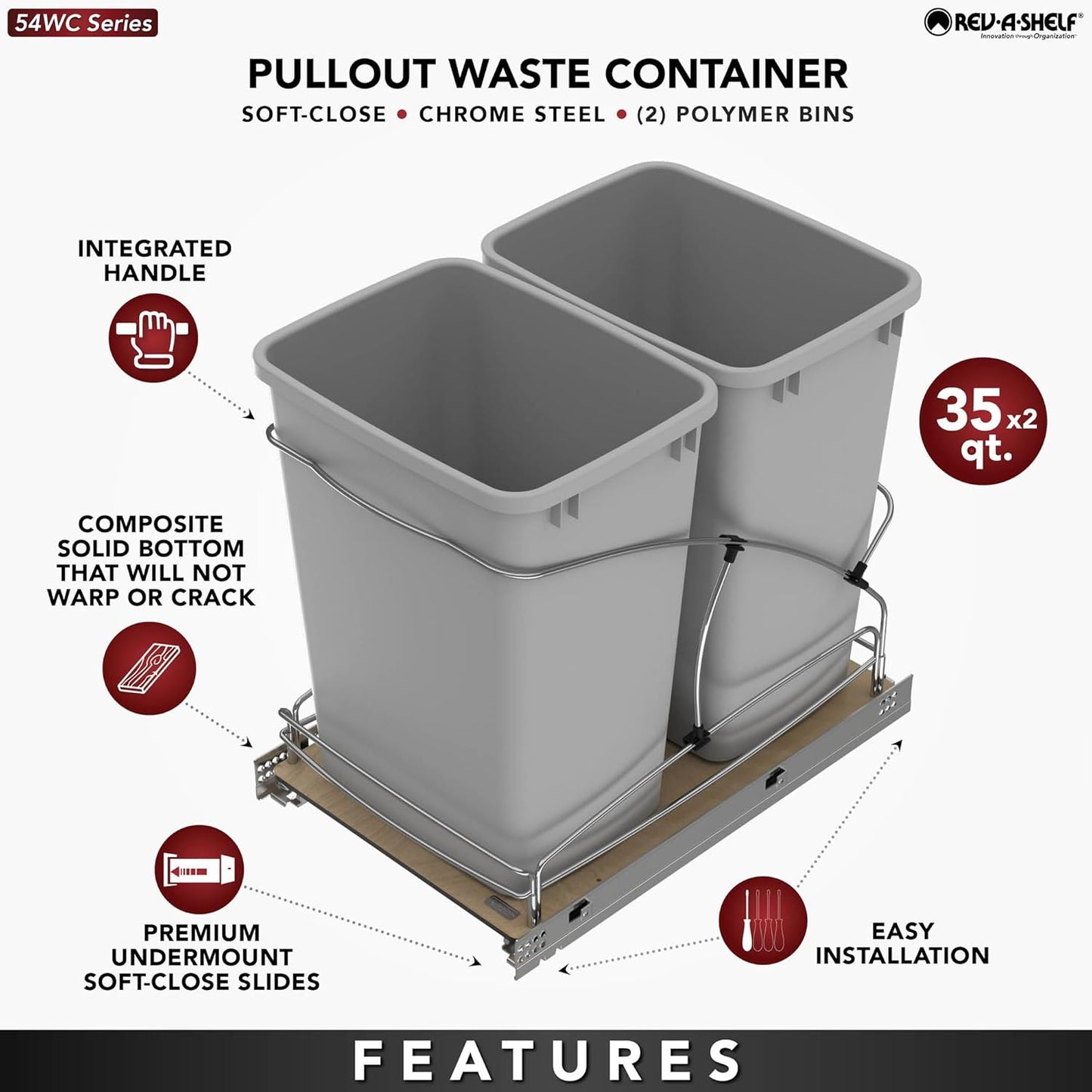 Rev-A-Shelf Steel Bottom Mount Double 35 Quart 8.75 Gallon Waste Bin Trash Container for Under Kitchen Cabinet with Soft Close, Gray, 54WC-1835SC-17-1