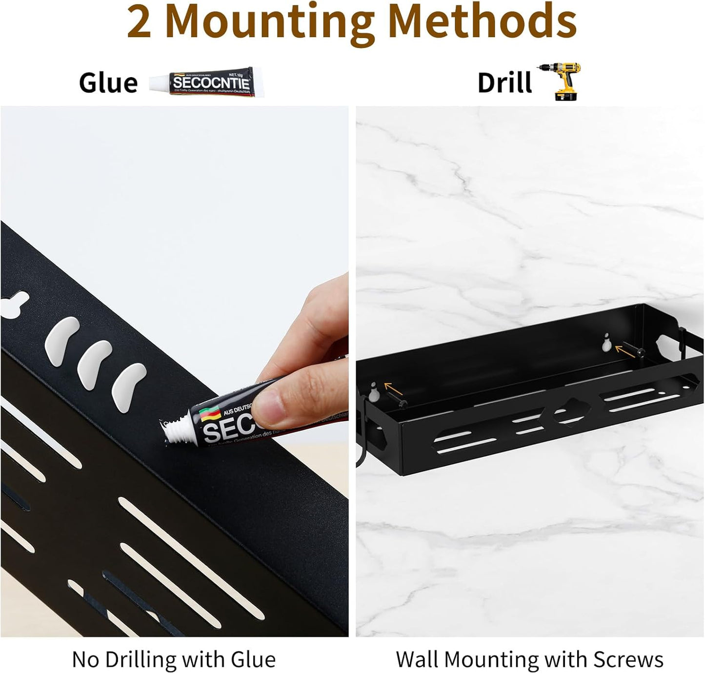 Paper Towel Holder Wall Mount for Kitchen, Easy One-handed Operation Design, Self Adhesive Paper Towel Holder with Shelf for Bathroom, RV Paper Towel Rack Paper Roll Holder with 2 Hooks, Black